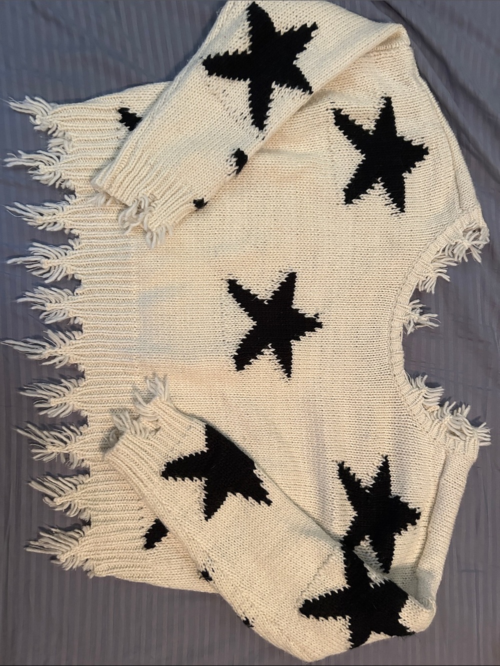 Storia Cream & Black Star Fringe Knit Poncho